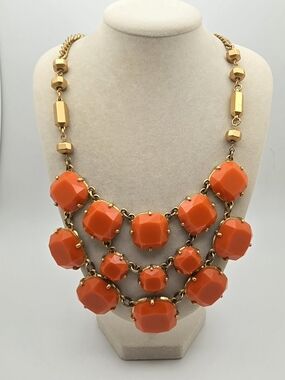 Stella & Dot Orange Cabochon Statement Necklace - Gold Tone BIB 18"